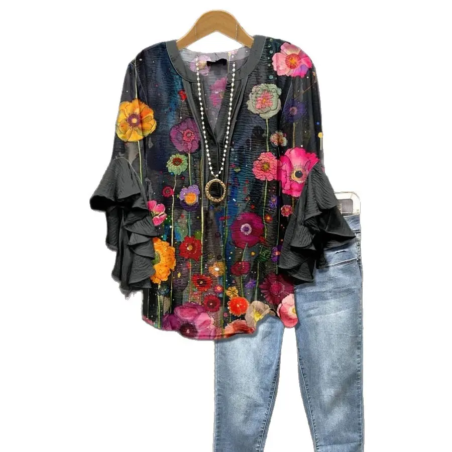 Plus Size Women's Ruffled Sleeve V-Neck Shirt Blouse Tops, Elegant Floral Design, Comfortable and Stylish, Perfect for Everyday Casual Wear
