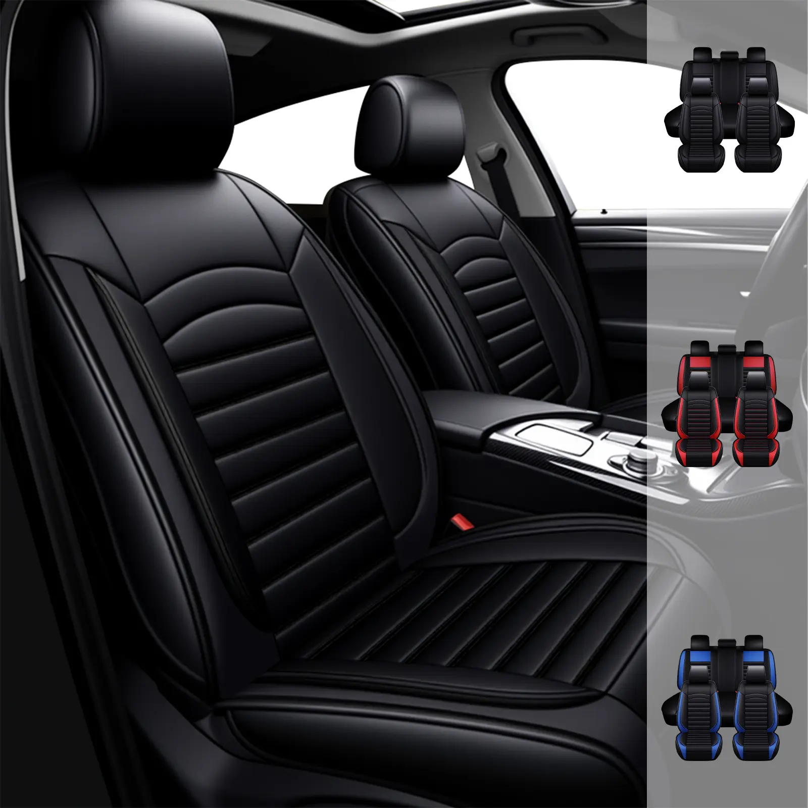 Sport Black & Blue PU Leather Car Seat Covers Full Set for 5 Seats, Universal Airbag Compatible Seat Protectors All Season Interior Accessories for Sedans, SUVs & Hatchbacks