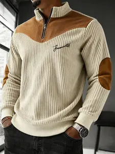 Men's Half-Zip Colorblock Fitted Long Sleeve Top, Geometric Pattern Print, Polyester Fabric, Casual Fall & Winter Wear