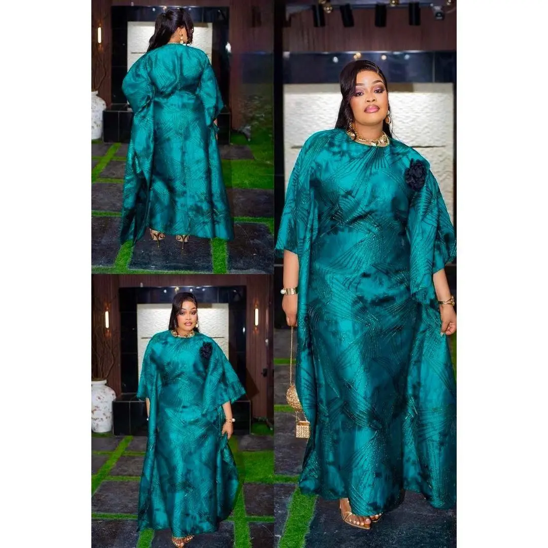 Statement Green Brocade Bubu Dress with 3D Flower, Wedding Guest Outfit Birthday Cocktail Engagement Ceremony Gala Anniversary Graduation Mother of The Bride Attire Party Womenswear