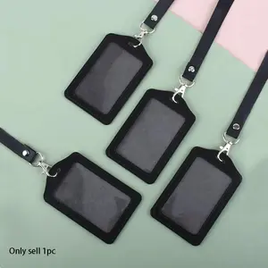 Artificial Leather Card Holder with Lanyard, Simple Portable ID Card Case, Multi-Purpose Document Protector, Conference Pass