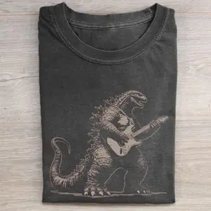 Godzilla Playing Guitar Vintage T-Shirt, Kaiju Monster With Electric Instrument Graphic Tee, Retro Japanese Movie Rock Music Streetwear Comfort, Funny Gojira Shirt, Guitar Player Gift