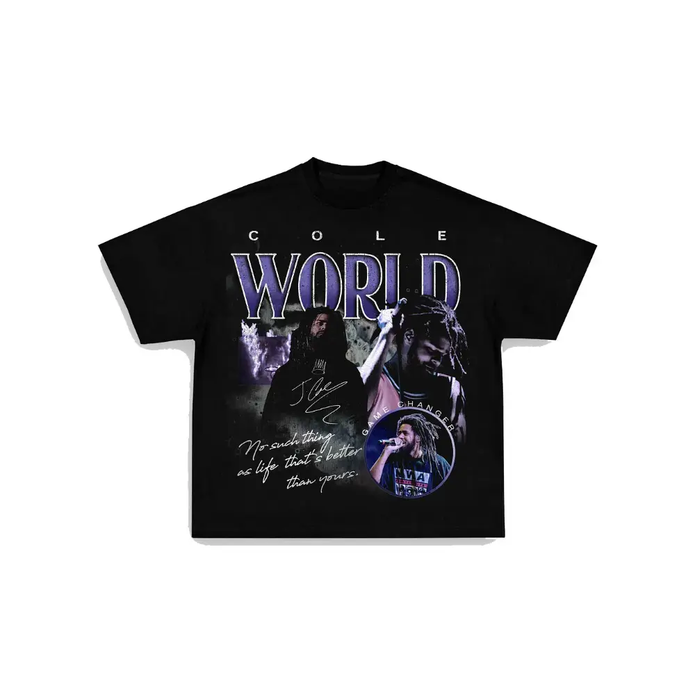 Menswear J. Cole Retro Graphic Short-Sleeve T-Shirt - Round Neck, Fashion Stylish Cole World Dreamville Style, Premium Heavyweight Washed Cotton Oversized Streetwear for Concerts, Casual Outfits