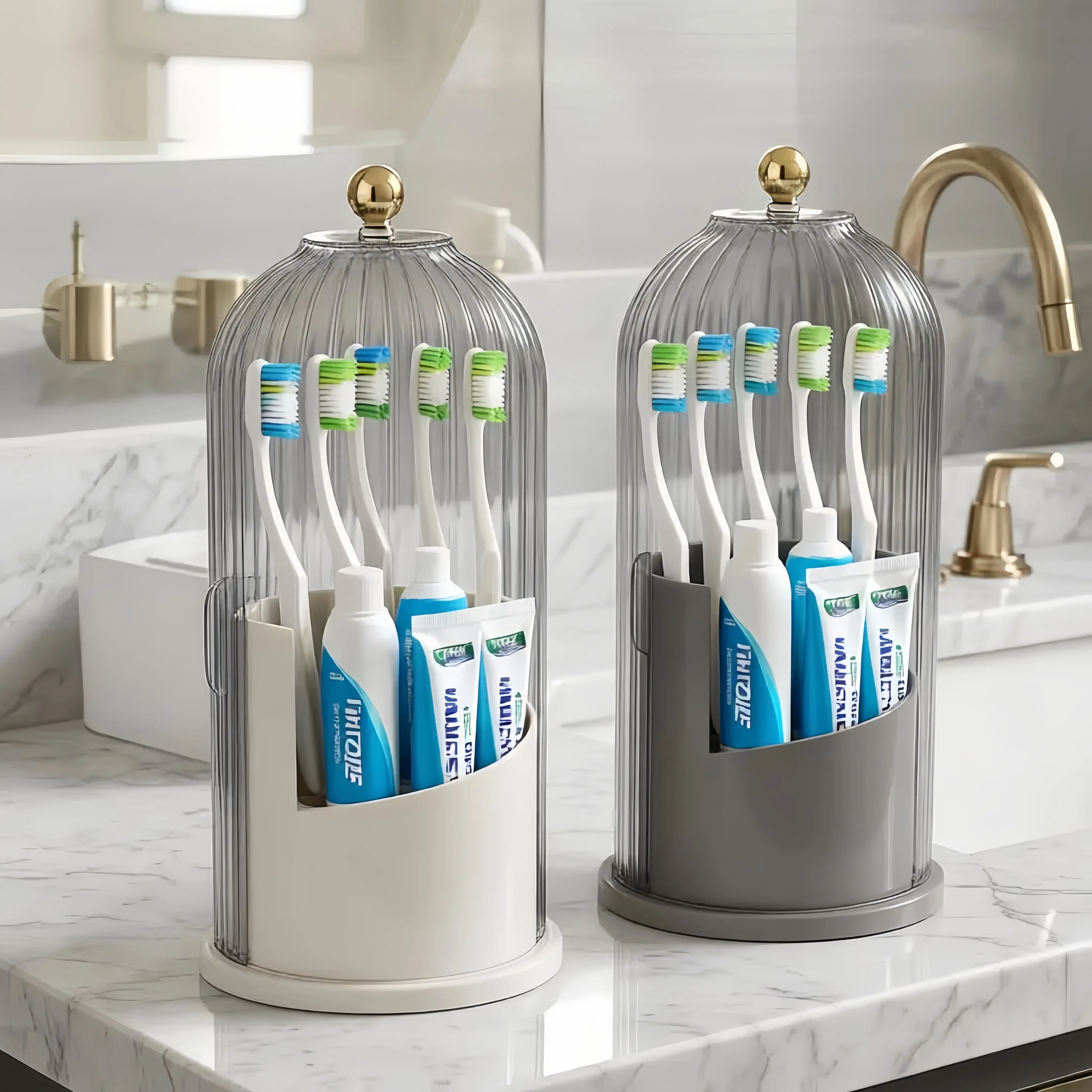 Multifunctional Tooth Brush Holder Organizer with Lid,Makeup Brush Storage Box,360 Rotating Clear Dustproof Organizer Boxes for Bathroom Countertop\Makeup Table