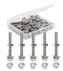 1/4-20 Hex Bolt Set, 50 count, 304 Stainless Steel, Plain Finish, Nuts, Nylon Inserted Nuts, Spring Washers, Flat Washers