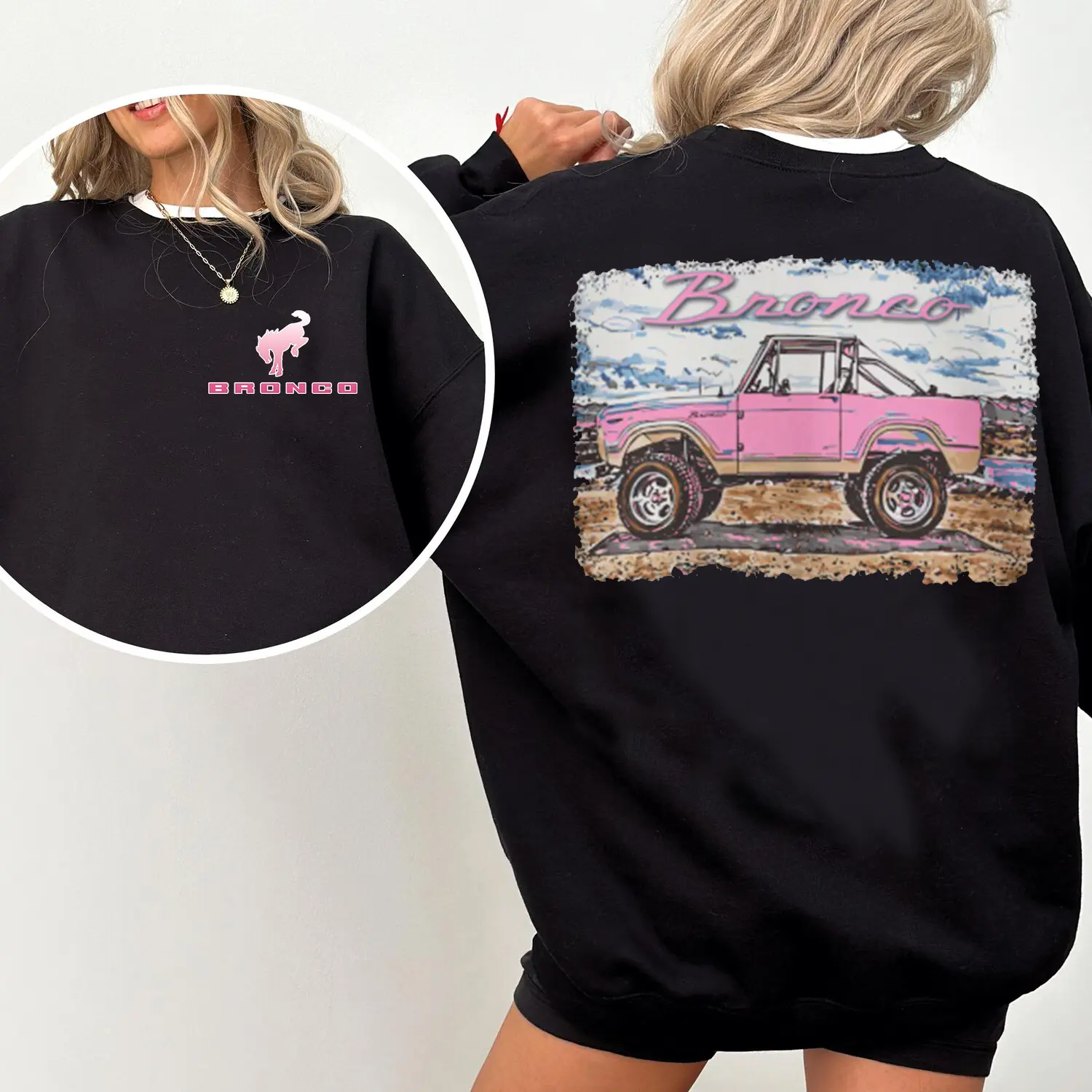 Women's Pink Bronco Sweatshirt-Vintage Bronco Truck Graphic Crewneck-Comfy White Pullover Top-Cute Off Road Car Lover Gift for Her-Trendy Aesthetic Streetwear