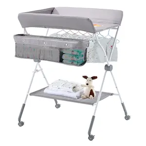 VEVOR Baby Changing Table, Foldable Diaper Change Station with Side Basket, Adjustable Height Portable Changing Table with Lockable Wheels, Multi-Functional Storage Organizer Nursery, Light Gray