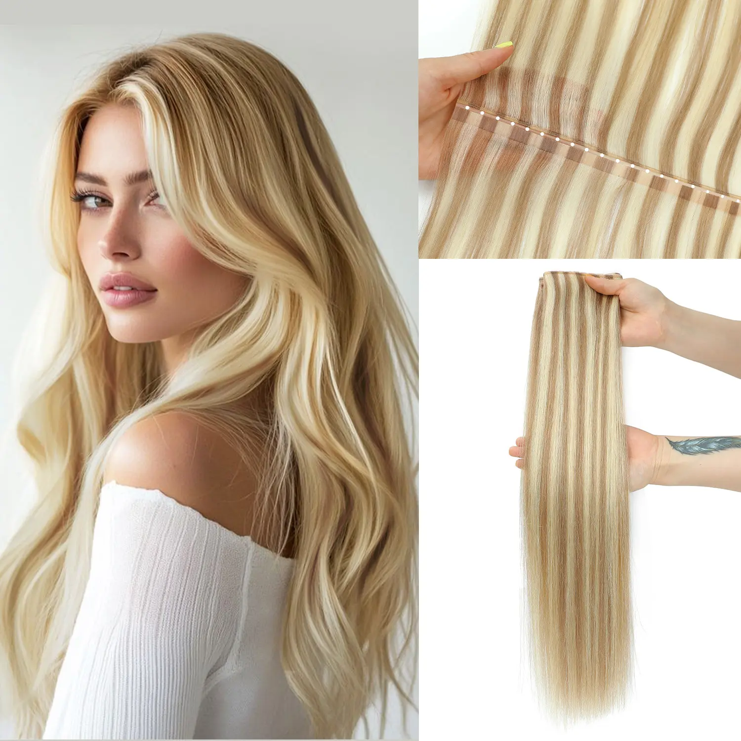 OVO Double PU Weft Hair Extensions Human Hair Ombre Brown Highlight Seamless Invisible Weft Beaded Flat Weft Extensions Soft Natural Real Human Hair Extensions for Women