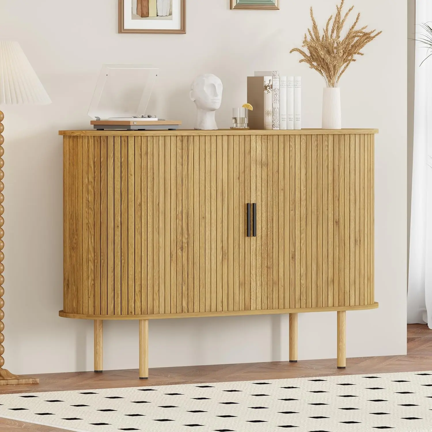 Gaomon 47-in Contemporary Freestanding Wood Cupboard - Sideboard Buffet Cabinet with Sliding Doors, Adjustable Shelves, 4 Compartments, Curved Edges for Extra Security, for Dining Rooms & Other Various Room Types, Four Compartments
