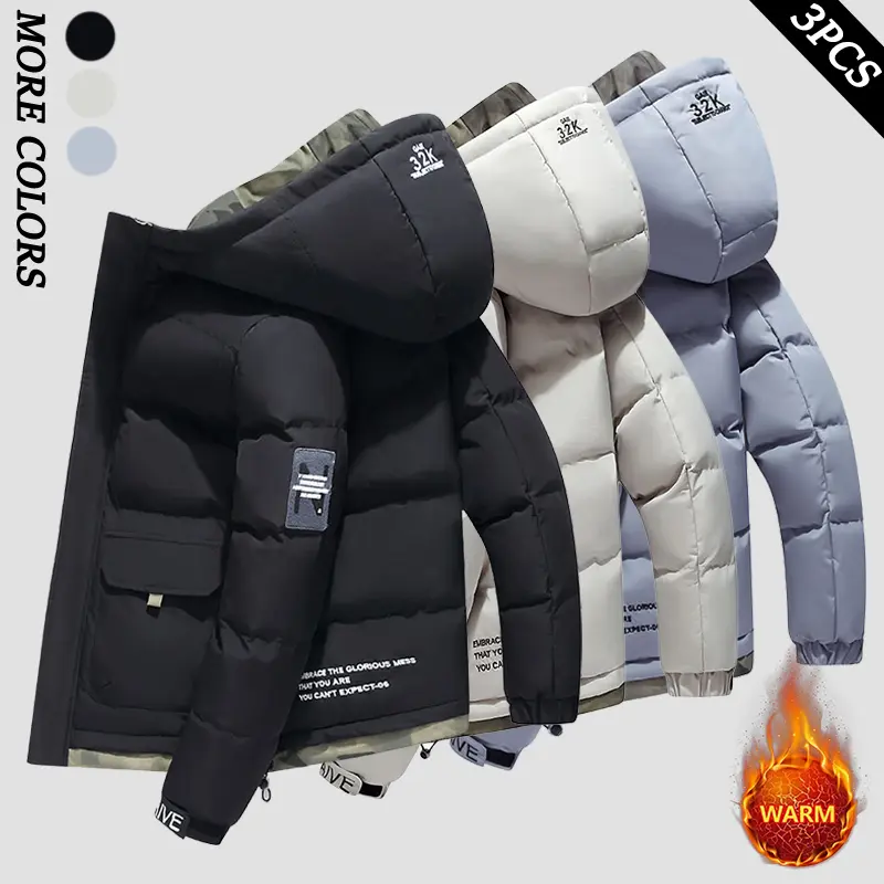 Men's Lightweight Puffy Hoodie – A thick, warm cotton jacket; features a drawstring hood, hook-and-loop fasteners, and a zippered front closure; perfect for various occasions such as commuting to work or going out on the weekend; an essential versatile pi