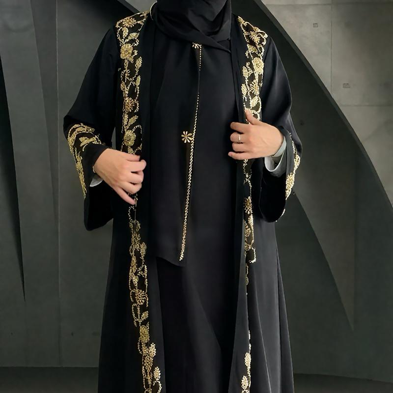 Black Banquet Dress Abaya Set | Embroidered Diamond Elegance 3-Piece Abaya with Hijab (MOA184)