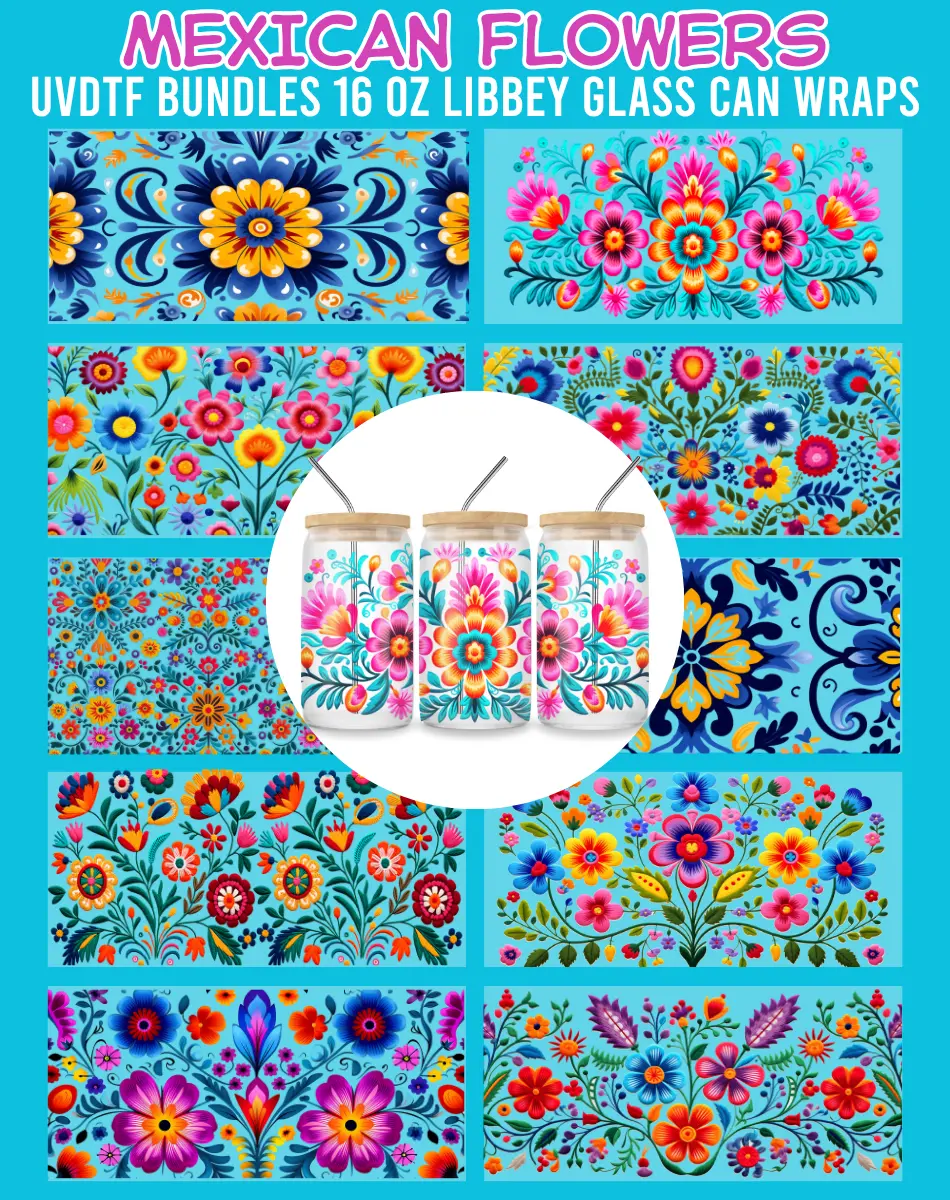 Mexican Flowers UVDTF Decal Stickers Bundles - DIY Decorative Supplies for Scrapbooking, 16 Oz Libbey Glass Can Wraps