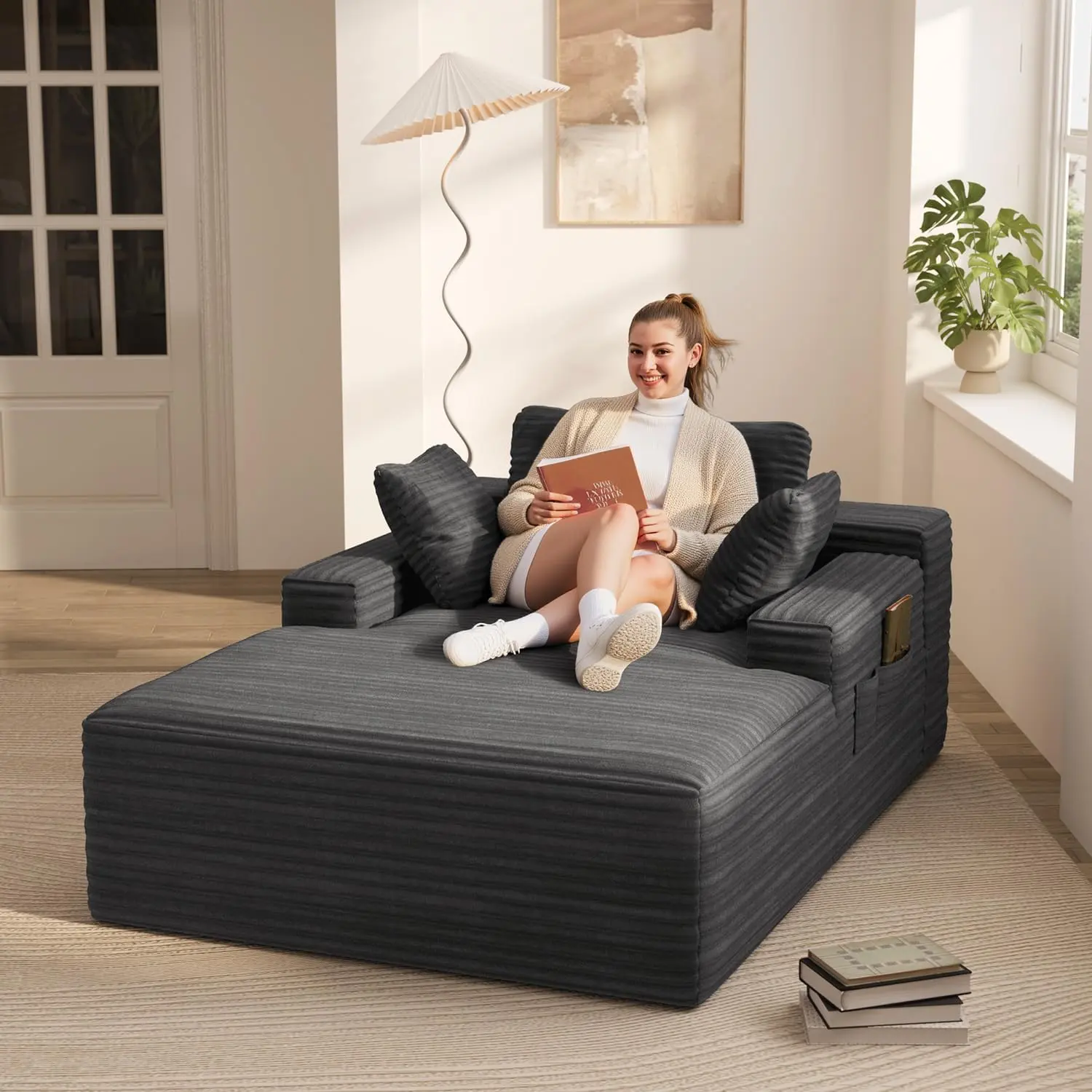 GIZOON 67" Oversized Corduroy Comfy Cloud Couch - Modern Boneless Fully Assembled Sleeper Chaise Lounge with Whole-Piece Foam Memory Foam & Storage, Indoor Reading Sofa Bed (Dark Grey)