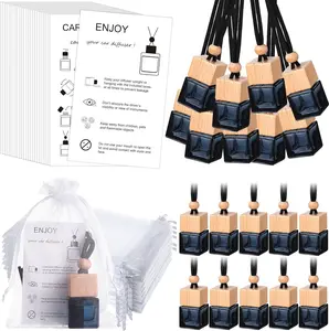 Sets Hanging Car Air Freshener Diffuser Bottles Empty Bulk with Car Diffuser Instruction Cards Organza Bags Glass Refillable Essential Oil Fragrance Aromatherapy Pendant (Square)