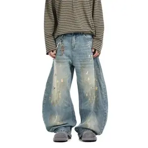 2025 Y2K streetwear painting graffiti blue loose jeans, men's model, 90S retro, wide-leg jeans