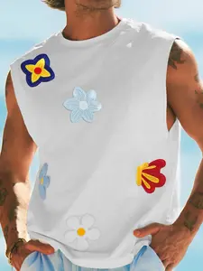 1PC Men's Sleeveless Slim Fit Tropical Floral Patch Tank Top, Colorful Flower Appliques, Vintage Hawaiian Shirt Style, for Men's Summer Beachwear and Casual Street Fashion, Menswear