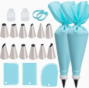 Piping Bags and Tips Set,  Cake Decorating Supplies with 2  Bags, 12 Icing Tips, 2  Rings, 2 Couplers and 3 Scrapers, Cake Baking Tools for Cookie Icing Cupcakes