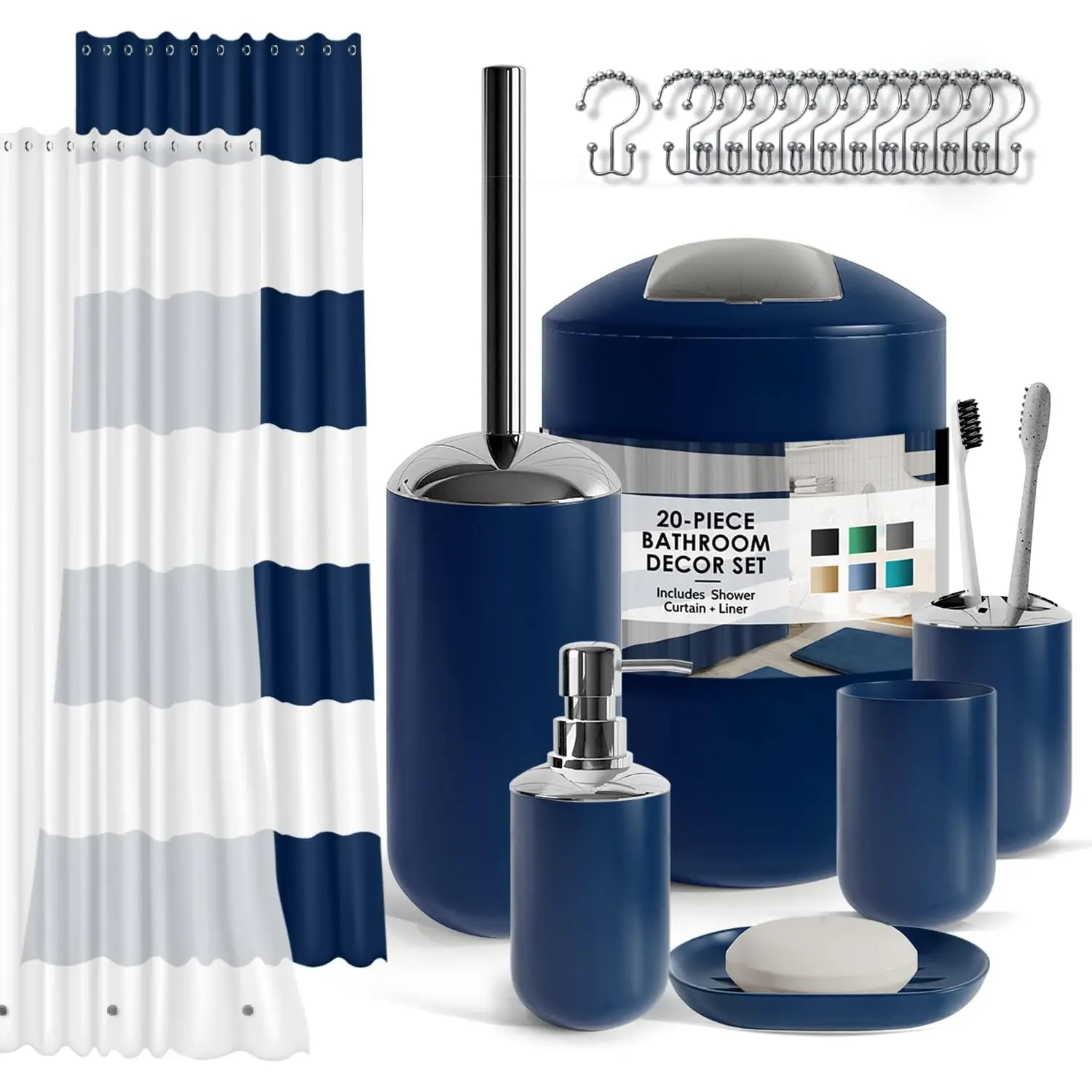 Clara Clark Bathroom Set - Navy Bathroom Accessories Set, 20PC Bathroom Accessory Set, Shower Curtain Set with Liner, Toothbrush Holder, Soap Dispenser, Soap Dish, Toilet Brush Holder, and Trash Can CLARA CLARK