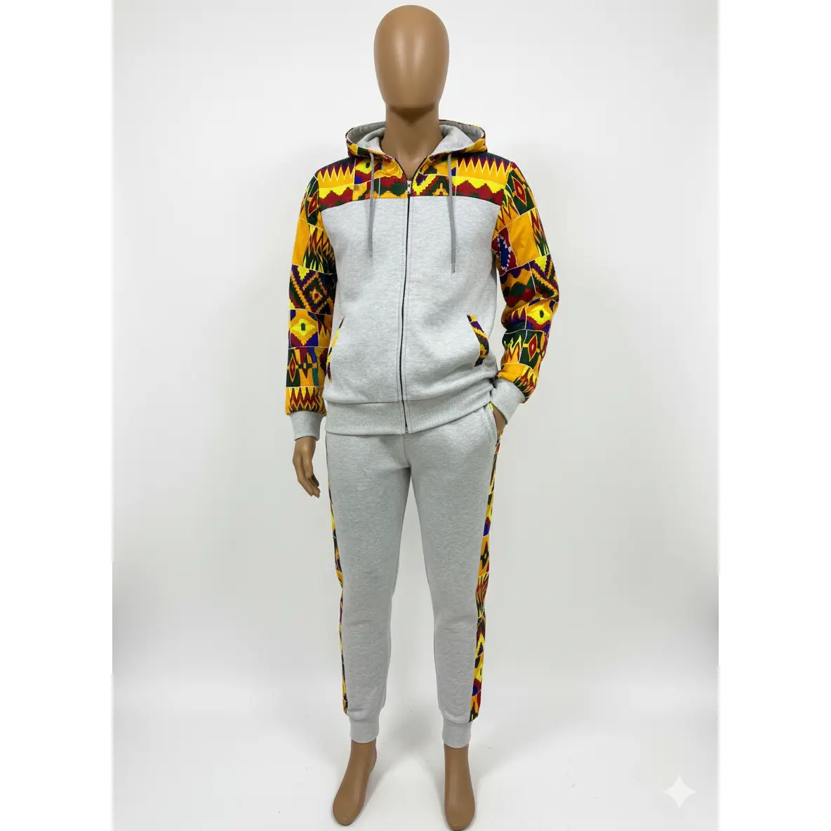 African Kente Print Tracksuit Set | Light grey Hoodie & Joggers