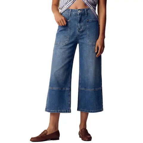 Sidefeel Women's Wide Leg Jeans High Waisted Stretchy Big Pockets Capri Denim Pants Fall Outfit
