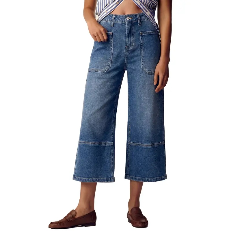 Sidefeel Women's Wide Leg Jeans High Waisted Stretchy Big Pockets Capri Denim Pants Fall Outfit