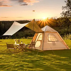 2-4 Person 7.5x7.5ft Inflatable Air Tent - Canvas Bell Style with Stove Jack, 210D Oxford Fabric, Quick-Inflate Design Built-in Air Pump Ready, Waterproof Wind-Resistant Camping Shelter, Spacious Interior