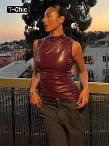 women's solid ruched mock neck asymmetrical hem pu leather tank top, fashion soft lady comfort casual elegant zipper back tummy flattering tops for club party daily outdoor wear, tank tops for women, womens vest clothes, tank top