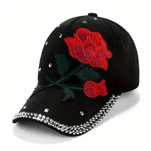 2025Fashion All-MatchingRed Rose Patch Baseball Cap Rhinestone Decor Y2K Sports Hat Lightweight Adjustable Dad HatsQuick Order