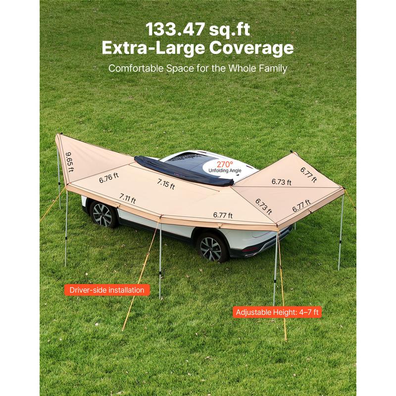 VEVOR 270 Degree Awning with Bulit-in LED Lights, 133 sq.ft Driver Side Vehicle Awning, Waterproof UV50+ Car Side Awnings, All-Weather Free-Standing Overland Awnings Car Shelter for SUV Truck Camping