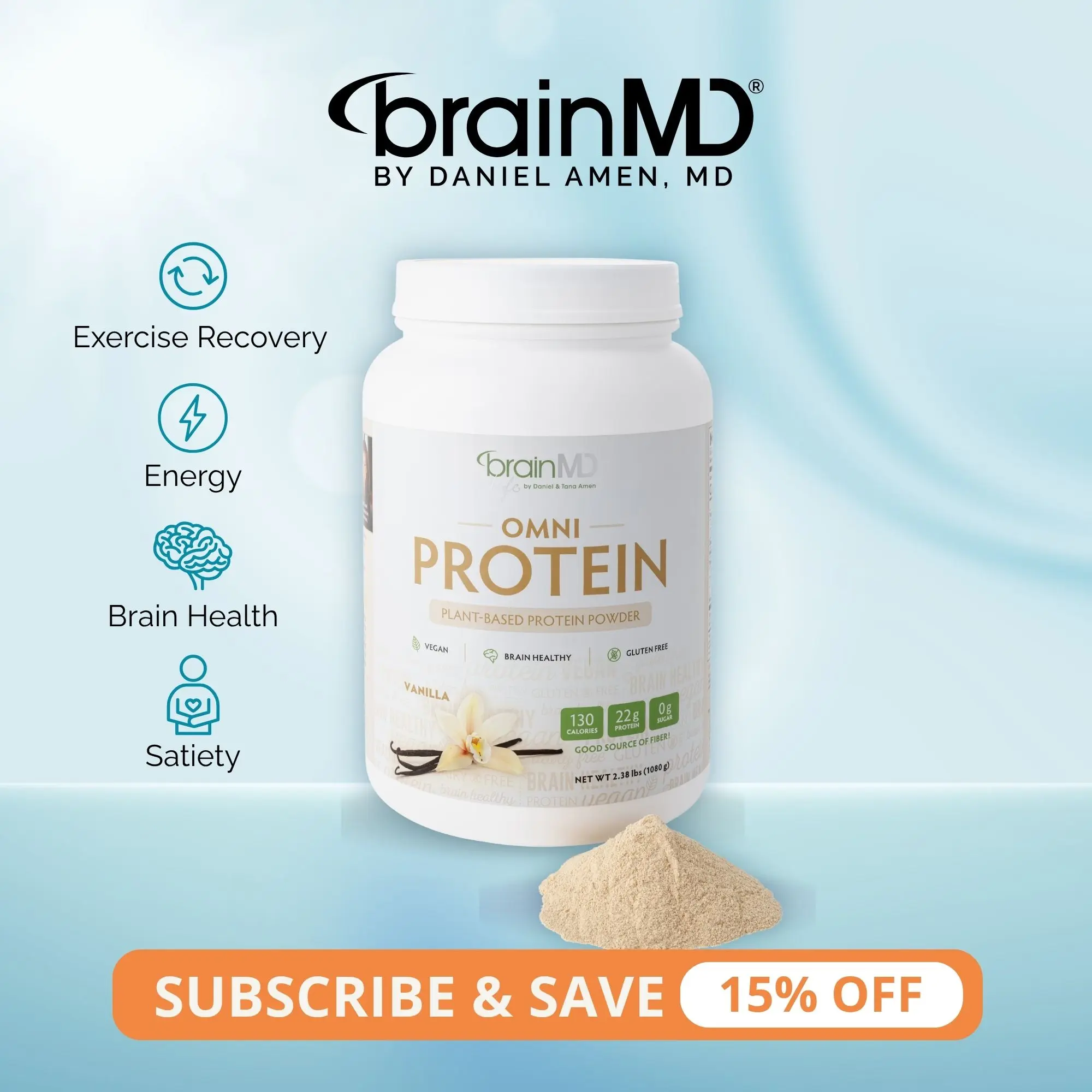 OMNI Protein Powder | BrainMD | 30 Servings | Muscle Recovery & Energy Support | Brain Focus, Satiety & Gut Health Support | Pea, Rice, Quinoa & Chia Protein