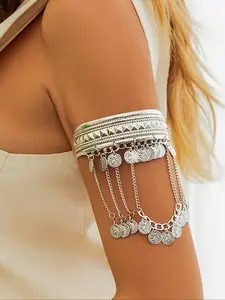 Boho Style Copper Chain Arm Ring, Vintage Exaggerated Money Tassel Wide Open Bracelet, All Season Body Jewelry for Women, Adjustable Bracelet