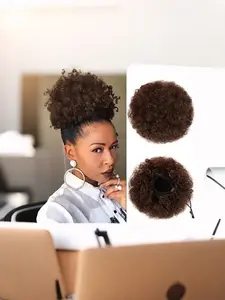Women's Drawstring Ponytail Hair Bun, Short Curly Coily Synthetic Wig Extension, African Style, All Season Wear