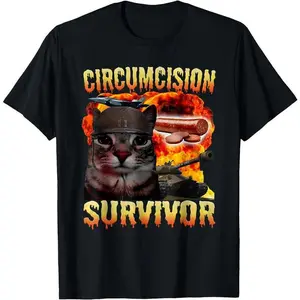 Circumcision Survivor Funny Cat Meme T-Shirt, Oddly Specific Humor Graphic Tee for Men and Women, 100% Cotton Unisex Crewneck Short Sleeve, Viral Internet Joke Shirt, Casual Streetwear Top, Relatable Meme Apparel