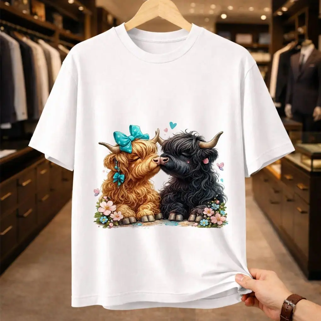 Cute Highland Cow T-Shirt for Women, Fluffy Cow Kissing Graphic Tee, Whimsical Floral Farmhouse Shirt, Premium Cotton Short Sleeve Top, Perfect Gift for Cow Lovers