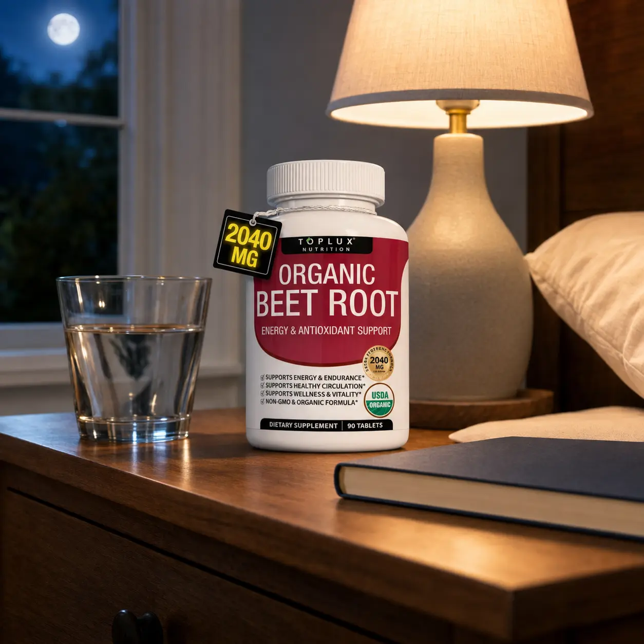 TOPLUX Organic Beet Root 2040mg High Strength Tablets, USDA Certified Organic Non-GMO Beetroot Supplement for Energy Endurance Healthy Blood Circulation & Overall Wellness, 90 Count Dietary Pills