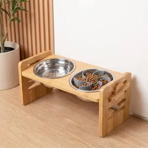 Elevated Dog Bowl, Adjustable Incline Raised Pet Feeder, Non-Slip Bamboo Food Dispenser for Small Dogs and Cats, Batch Number 25k22z