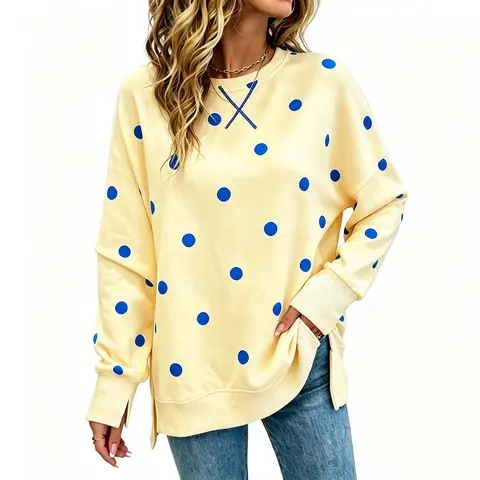 Wenelax | Womens Long Sleeve Tops Polka Dot Loose Fit Oversized Sweatshirts with Side Slit High Low Hem Fall Outfits