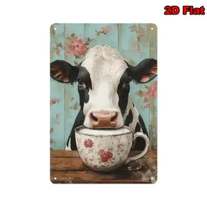 2D Flat,1pc Country Style Cow With Cup Metal Tin Painting Decoration, 8 × 12 inches. Waterproof, Dustproof, Perfect For Bars, Cafes, Home Offices, Great Christmas Or Holiday Gifts, Bedroom Wall Decoration
