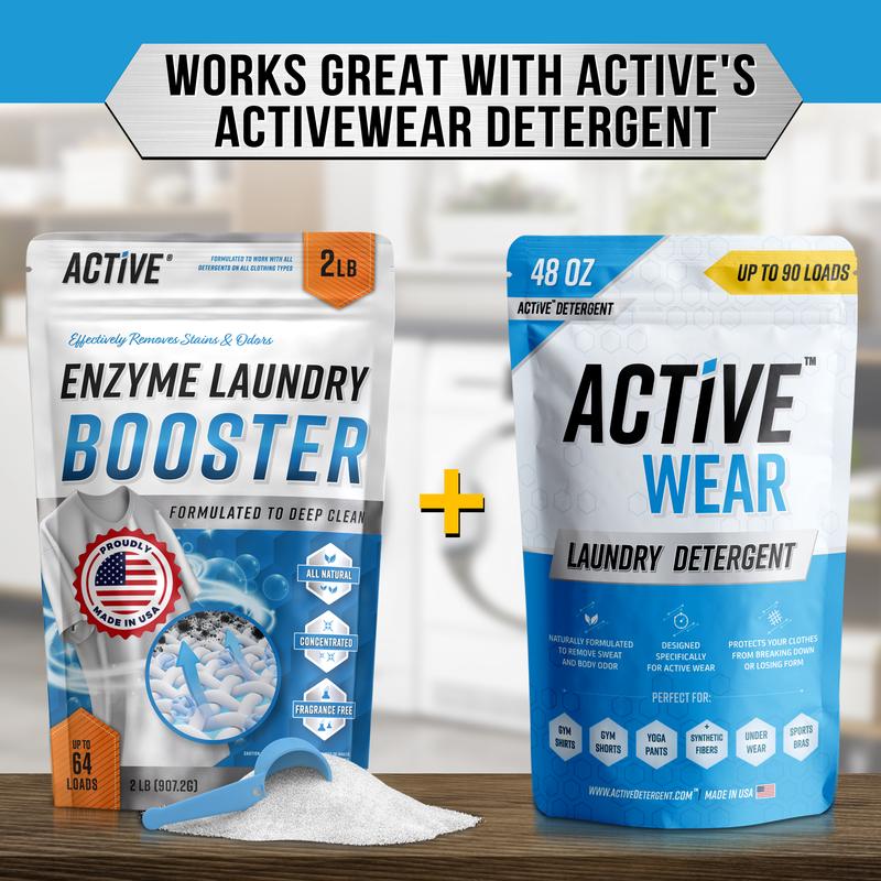 Enzyme Laundry Booster Odor Remover - 2 lbs Unscented Enzymatic Clothes Stain Cleaner Powder, Natural Deodorizer with Bio Active Enzymes, Detergent Additive Fragrance Eliminator for Sweat, Oil, Blood - 64 Loads
