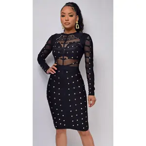 Mio Black Studded Mesh Bandage Dress
