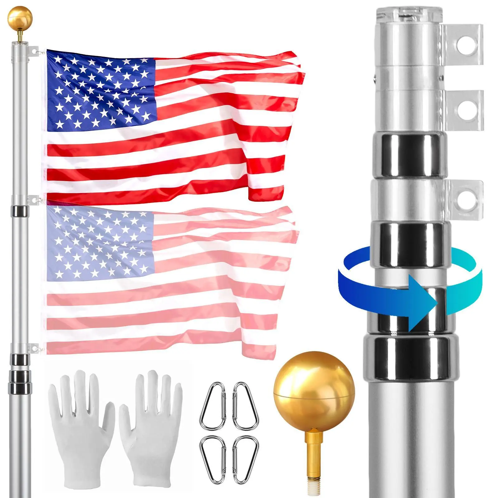 【SummerFinds】VEVOR 25FT Telescoping Flag pole Kit,  Heavy Duty Aluminum Alloy in Ground Flag Poles for Outside, 3 Display Modes Flagpole with 3x5 American Flag, Professional Accessories, Silver Banners Lightweight