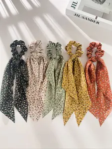 Women's Sweet Elegant Fabric Flower Print Bow Hair Tie Set, Ponytail Bun Hair Accessory, Elastic Hair Accessory, Perfect for Vacation and Daily