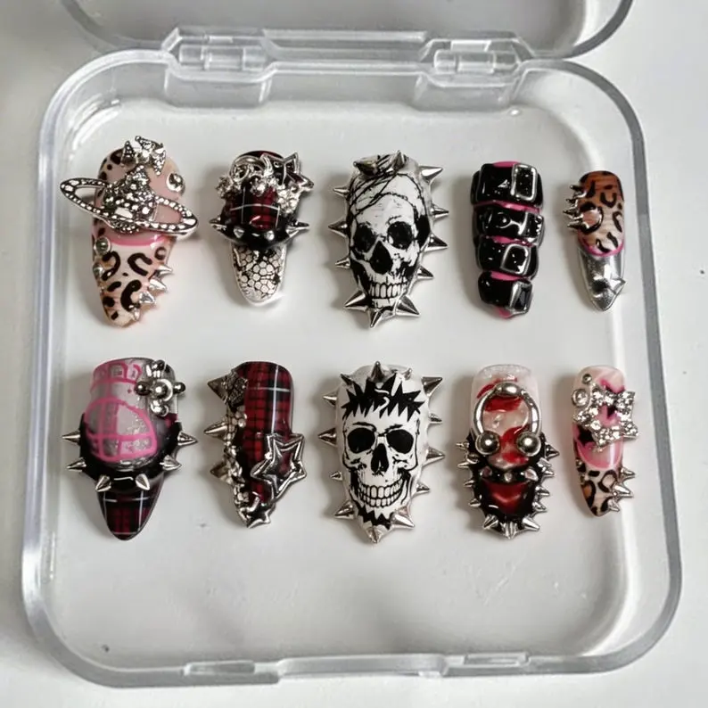 Handmade Punk Skull Press On Nails Gothic Studded Plaid Leopard Statement Set