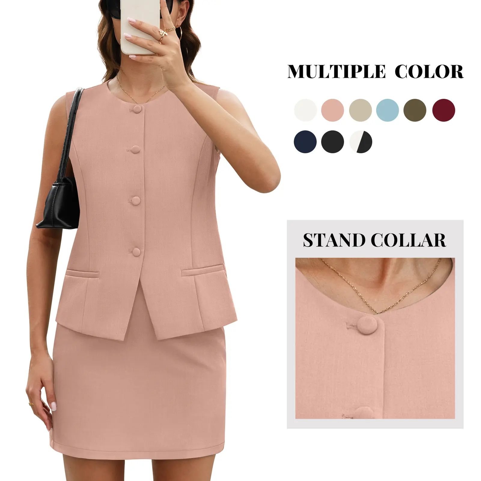 Women's 2-Piece Skort Set, Chic Solid Sleeveless Blazer Outfit, Business Casual Work Style with Stand Collar and Pockets, Fabric, Buttons, Cotton