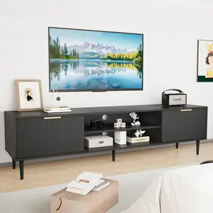 Modern Black TV Stand for 75 Inch TVs – Fluted Panel Entertainment Center – 2 Large Storage Cabinets – Wood Media Console with Metal Handles, Adjustable Hinges