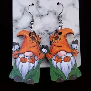 Gnome Wood Earrings with Orange Hat and Green Dress Featuring Pumpkin Accents and Floral Design for Festive Wear