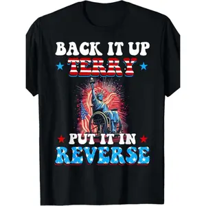 100% Cotton Men's Patriotic 'Back It Up Terry Put It In Reverse' T-Shirt -Retro 4th of July Design with Statue of Liberty & Fireworks, Crew Neck Short Sleeve, Durable Digital Print - Perfect for Independence Day Celebrations & Casual Wear