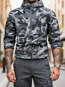 Men's camouflage waterproof outdoor zipper hooded sleeveless jacket with ropes, regular fit casual style waterproof coat with pockets, men's spring and autumn casual coat, men's autumn and winter clothing jacket