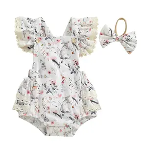 My First Easter Outfits Baby Girl Bunny Floral Ruffle Sleeveless Romper BUbble Bodysuit Jumpsuit Newborn Infant Summer Clothes #Springtok