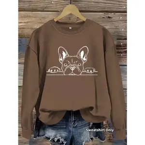 Women's French Bulldog Print Crew Neck Fitted Sweatshirt, Casual Long Sleeve Pullover for Daily Wear, Ladies Fall & Winter Clothes, Hoodie, Womenswear - KitchenEra